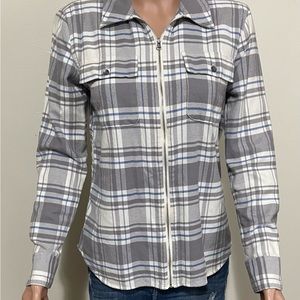 Chaps Women’s Long Sleeve Zip Front Flannel Pocket Shirt Small Gray Blue White S